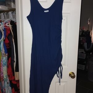 Asymmetrical Navy Ribbed Side-Tie Dress